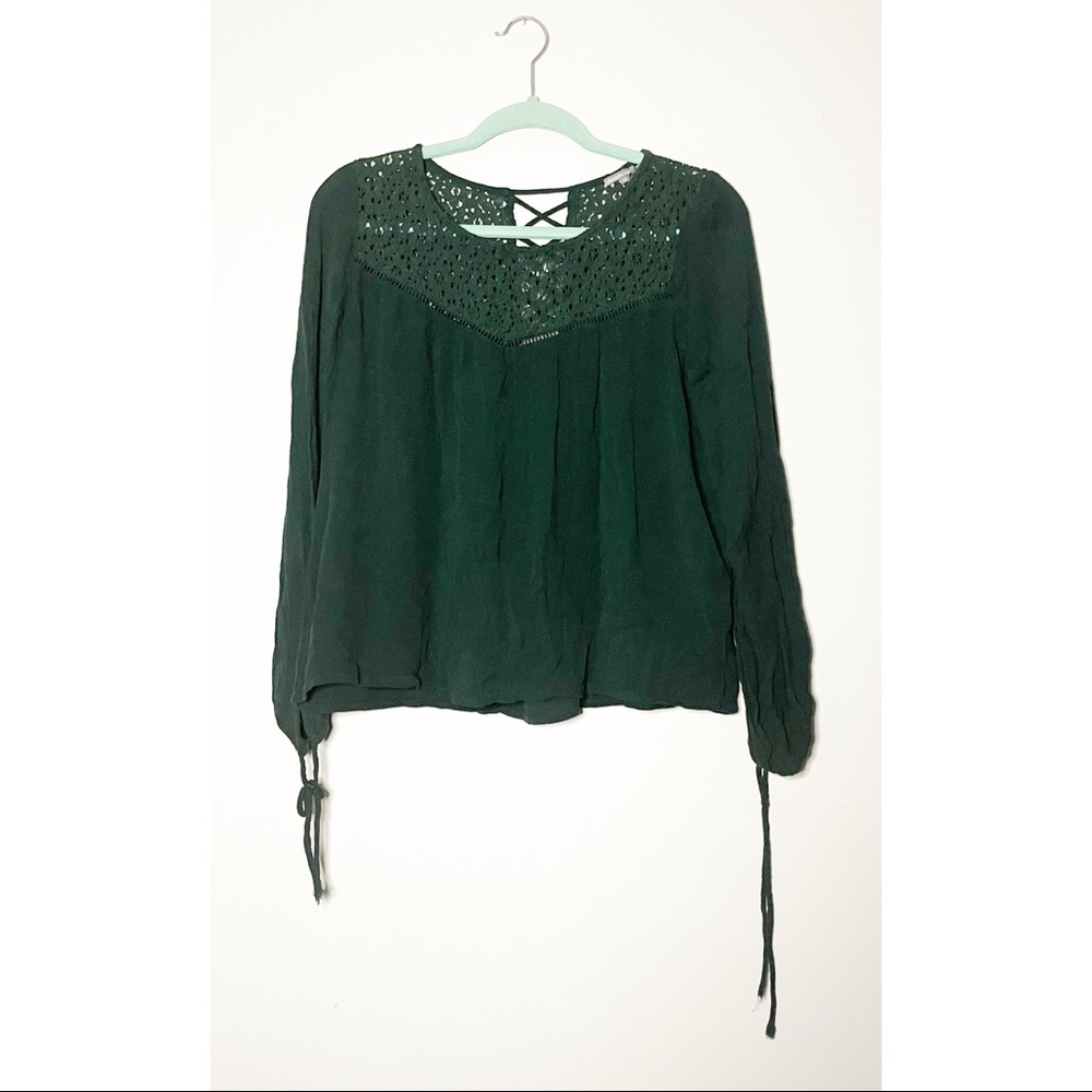 3/$30 Dark Green Crochet Yoke Lattice-Trim Blouse